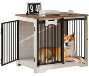 LYNCOHOME Dog Crate Furniture, Wooden Dog Kennel TV Stand for Medium Dogs, Cute Pet House Dog Cage with Dog Tag, Pet House Side Table, White