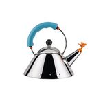 Alessi Kettle 9093/1 LAZ - Kettle with Magnetic Bottom Suitable for Induction Cooking, in 18/10 Stainless Steel Mirror Polished with Handle and Small Bird-shaped Whistle in PA, Light Blue
