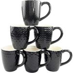 Hoikwo 12oz / 380ml Coffee Mugs Set of 6, Black Bone China Mugs with Relief Pattern for Coffee, Tea, Latte, Milk, Cocoa, Juice and Other Hot Drinks