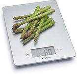 Taylor Pro Digital Glass Kitchen Food Scales, Ultra Thin Compact Design, Professional Standard with Tare Feature, Silver Finish Weighs 5 kg Capacity