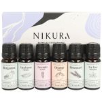 Nikura Favourites Essential Oil Gift Set - 6 x 10ml | Essential Oils for Diffusers for Home, Sleep, Hair Growth, Skin, Aromatherapy | Bergamot, Lavender, Sweet Orange, Rosemary & Tea Tree | Natural