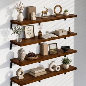 TEDIDUWA 12x60 Inch Rustic Wood Floating Shelves 4-Pack - Farmhouse Walnut Wall Shelves with 100 lbs Capacity, Easy Installation for Living Room, Kitchen, Bathroom