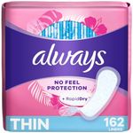 Always Thin Daily Panty Liners for Women, Light Absorbency, Unscented, 162 Count (Packaging May Vary)