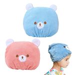 TSHAOUN 2 Pieces Bath Caps, Absorbent Hair Drying Wrap Towel, Cute Bear Embroidery Coral Velvet Wet Kids Hair Dry Turban Wrap Quick Dry Head Towel Cap For Women and Girls (Pink and Blue)