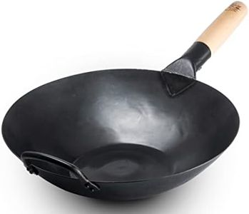 Craft Wok Black13 - Wok plano de acero al carbono martillado previamente sazonado con mango auxiliar de madera y acero (13 pulgadas, parte inferior plana)