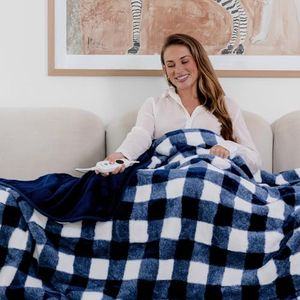 Dreamaker Gingham Plush Fleece & Warm Flannel Electric Heated Throw Blanket 200x180cm Machine Washable Soft Plush Reversible Rug Energy Efficient Overheat Protection 9 Heat Settings - Midnight Blue