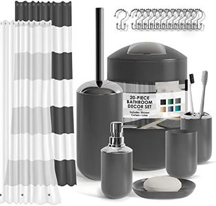 Complete Bathroom Accessories Set with Shower Curtain Set, Soap Dispenser, soap Dish, Toothbrush Holder with Cup, Shower Curtain Set with Liner and Hooks, Toilet Bowl Brush and Holder, Trash can, Gray