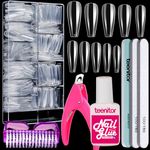 Clear Fake Coffin Nail Tips, Teenitor Long Acrylic Full Cover Nail Tip Press On Nails, 600pcs Ballerina False Nails Nail Glue, Nail Files And Buffer Polisher Nail Brush, Nail Clipper Set for Beginners