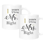 1st Anniversary Coffee Mugs Set of 2, First 1nd Wedding Gifts for Couple, 1th Anniversary Ideal Gifts for Wife Husband Parents Couple Grandparents, 1 One Year Anniversary Engagement Gifts Cups, 11oz