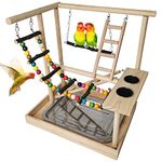 Hamiledyi Parrots Playground Bird Play Gym Wood Perch Stand Colours Climb Ladders Swing Chewing Toys with Parakeet Feeding Cups Exercise Activity Center for Conure Cockatiel Lovebirds(Include a Tray)