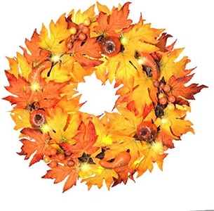 ALLADINBOX 17" Thanksgiving Wreath with LED Lights Pumpkin Berries Maple Leaves, Harvest Day Themed Hanging Silk Fall Door Wreath Welcome Sign for Garden Gate Home Thanksgiving Decorations