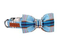 Lionet Paws Boy Dog Collar with Bowtie, Comfortable Adjustable Cute Blue Plaid Bow Tie Collar for Male Dogs Gift, Medium, Neck 13.5-22 inches