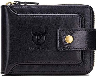 BULLCAPTAIN Mens Genuine Leather Zipper Wallet RFID Blocking Bifold Zip Around Multi Credit Card Holder, Black, M, Rfid Wallet