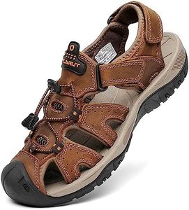 FLARUT Men's Sport Sandals Outdoor Hiking Sandals Closed Toe Leather Athletic Lightweight Trail Walking Fishing Sandals Water Shoes (E-Brown,44)