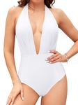 SHEKINI Women's Retro Deep V-Neck Bathing Suit Backless High Waisted One Piece Swimsuit (White, Small)