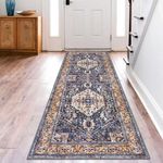 KOZYFLY Runners for Hallways 2.6x8 Ft Washable Kitchen Runner Rug Boho Runner Rug for Entryway Indoor Navy Oriental Faux Wool Bathroom Runner Rug Floor Carpet Runner for Bedroom Kitchen Hall