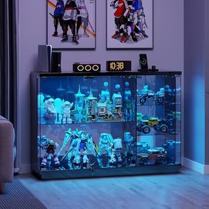 HNEBC Display Curio Cabinet - with Glass Door,47.2" W Lockable Glass Display Cabinet with LED Lights for Collectibles,5-Tier Lighted Display Case with Motion Sensor,Living Room,Black