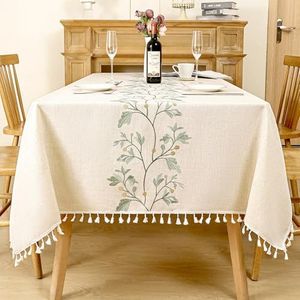 TEWENE Table Cloth, Rectangle Table Cloths Wrinkle Free Tablecloth Cotton Linen Tablecloths Stitching Tassle Tablecloth Brown for Kitchen, Dining, Outdoor Table(55''x86''/6-8 Seats/Green Vine)