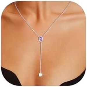 FOCALOOK Amethyst Birthstone Necklace for February Women 925 Sterling Silver Birth Gemstone Long Lariat Necklace Jewelry