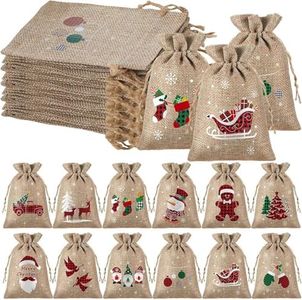 24 Pack 12 Designs Bags with Drawstrings Christmas Burlap Bags, Candy Goody Treat Bags, Gift Wrapping Bags for Xmas Party Favors, Reusable Wrapping Bags, Holiday Party Favors Bags