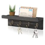 HRONRAD Rustic Key Holder for Wall, Farmhouse Wall Shelf with 4 Hooks, Wall Mounted Key Racks, Wooden Mail Organizer with Hooks for Entryway (Black- Pine)