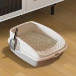 Cat Litter Tray Box, Litter Box, Plastic Cat Open Top Litter Tray with Free Scoop Kitten Detachable Rim Easy Cleaning,49 x 38 x 23cm (Grey)