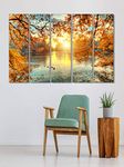 999STORE Leaves Tree and Lake painting for living room bedroom home and office wall decor Wall Hanging Landscape Art Panels landscape paintings for living room (Yellow, 130 X 76 cm, Small) - Set of 5