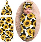 WELBB Baby Girl Boy Gifts Newborn Swaddle Blanket With Beanie Hat Set Stretchy Receiving Blankets Newborn Essentials for Girls Boys, Sunflower Cow Print