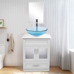 Puluomis 24 inch Bathroom Vanity Suite with Sink, Single White Bathroom Vanity Cabinet with Bathroom Blue Vessel Glass Sink and Pop-up Drain Faucet