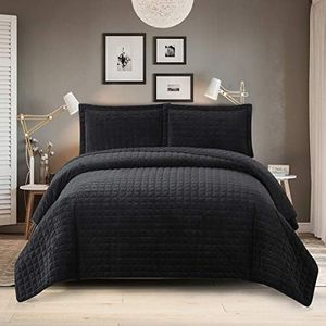 Royal Hotel Bedding Plush Velvet King Size Quilt, Velvet Black 110x96 Inches Coverlet 3pc Set, Oversized Luxury 100% Velvet Quilt King Black