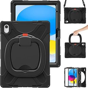 Case for iPad 10th Generation 10.9 inch 2022, Heavy Sturdy Shockproof Kids Case,Rotating Stand/Pencil Holder/Carrying Strap, for Apple iPad 10th Gen (Black)