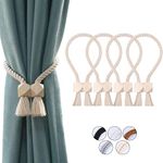 OCIOLI Cotton Beige Magnetic Curtain Tiebacks with Wood Beads 4 Pieces Curtain Holdbacks Outdoor Curtain Tiebacks Drapery Holdbacks Curtain Tie Backs for Curtains (Beige, 4)