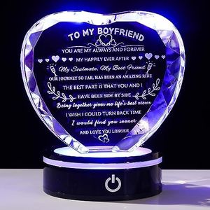 YWHL Gifts for Boyfriend with Colorful LED Base Unique Boyfriend Birthday Gift Ideas from Girlfriend Romantic Heart Crystal Keepsakes to My Boyfriend Gifts for Anniversary Christmas Valentine Day