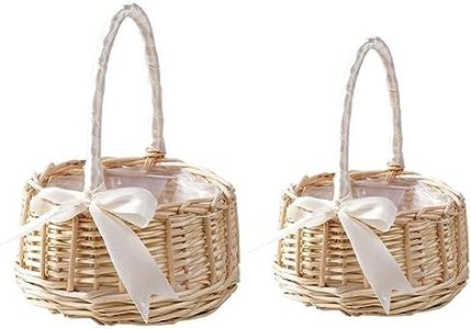 Tvoip 2Pack Wedding Flower Girl Basket Set,Wicker Rattan Flower Basket,Willow Handwoven Basket with Handles and Plastic Insert,Petal Basket Candy Storage Basket,Wedding Decoration (White)