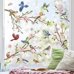 wondever Birds Tree Branch Window Stickers Hummingbirds Flower Glass Clings Decal Anti Collision Double-Side Static Window Decals for Home Glass Window