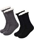 Boao 2 Pairs Women's Warm Slipper Socks Christmas Fuzzy Socks Fleece-lined Non Slip Slipper Socks (Black and Grey)