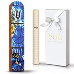 SURI Olive Wood Painted Mezuzah Case, Blue Self Stick Mezuzah with Scroll for Door, Jewish Mezuza Cover for Indoor and Outdoor