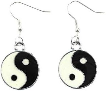 Miniblings Yin Yang Earrings, Ying & Yang, Enamelled Opposite Yoga, Handmade Fashion Jewellery, Earrings, Silver-Plated, 28mm, Enamel, Without Stone