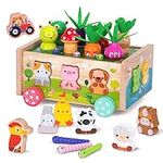 Montessori Wooden Toddler Toys for 1 2 3 Years Old Boys Girls, Shape Sorting Toys First Birthday Gifts for 1-2 Years, Wood Animal Farm Car Preschool Educational Fine Motor Skills Toy