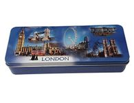 Blue Sky London Photo Collage Metal Pencil Case - Big Ben - Tower Bridge - Buckingham Palace - Westminster Abbey - Eye - Royal Guard - Red Double Decker Bus - British UK Souvenir for School or Office