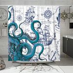 DESIHOM Blue Nautical Octopus Shower Curtain Set, Funny Ocean Kraken Shower Curtains for Bathroom, Beach Coastal Pirate Map Decor Polyester Fabric-72" x 72"