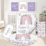 KAINSY Personalized Baby Bedding Set, 5 Pcs Custom Baby Crib Set with Name, Soft Flannel Rainbow Crib Bedding Set for Girls, Double Layer Nursery Bedding Set, Infant Toddler Bedding Set Parents Gift