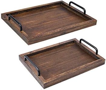 LIBWYS Rustic Wooden Serving Trays with Handle-Set of 2-Decorative Nesting Food Board Platters for Breakfast, Coffee Table/Butler (Large 15.8x11.8x1.2 inches, Small 13.4x9.4 x1.2 inches)