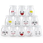 Skelang 12Pcs Yogurt Bottles 150ml, Yogurt Glass Jars with Plastic Lid, Mini Dessert Cups for Yogurt Making, Pudding, Milk, Jelly (Cute Emoticon Design)