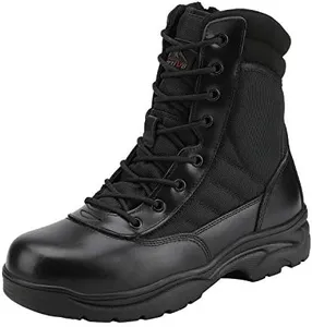 NORTIV 8 Mens Military Tactical Work Boots Side Zipper Leather Outdoor 8 Inches Motorcycle Combat Boots Size 12 M US Trooper, Black-8 Inches