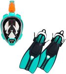 OCEAN REEF - Aria QR+ Full Face Snorkeling Mask & Duo II Travel Fins (Teal, Mask M/L - Fins L/XL)