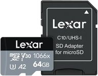 Lexar 64GB Professional 1066x micro SD Card w/ SD Adapter, UHS-I, U3, V30, A2, Full HD, 4K, Up To 160/70 MB/s, for Action Cameras, Drones, Smartphones, Tablets, Nintendo-Switch (LMS1066064G-BNANU)