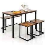 COSTWAY Dining Table and 2 Stool Set with 1 Bench, 4 Pieces Industrial Breakfast Table Chair Set, Metal Frame Dining Room Furniture for Home Kitchen (Brown)