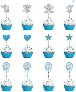JKJF Juego de 50 adornos para magdalenas de elefante, color azul, decoración tarta baby shower pentagrama amor piruleta decoración de pasteles para niños fiesta cumpleaños fiesta revelación género