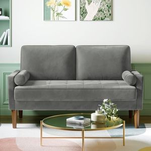 Vesgantti Petit Canapé 2 Places Gris, Canapé en Velours 121cm avec Coussin à Ressorts, Mini Canapé Chambre avec Accoudoirs, Canapé de Salon Moderne, Canapé Fixe 2 Places, Vert Grisâtre Causeuse